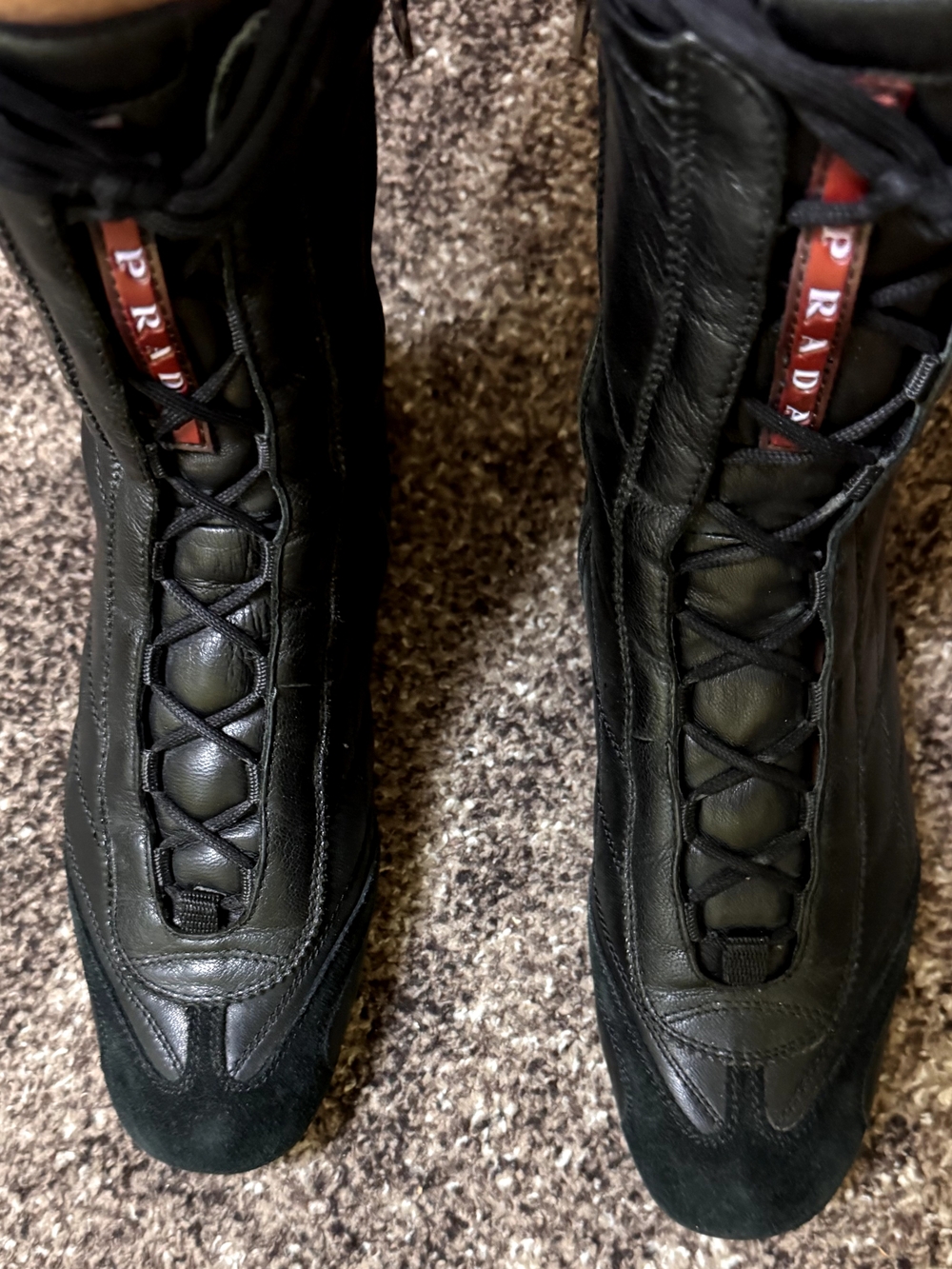 Women's Prada Black Leather High-Top Lace-Up Boots with Red Tongue Tag